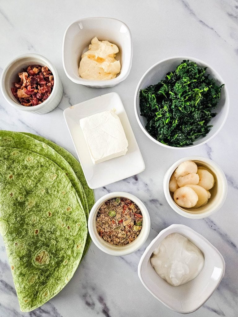 Spinach dip pinwheels ingredients.