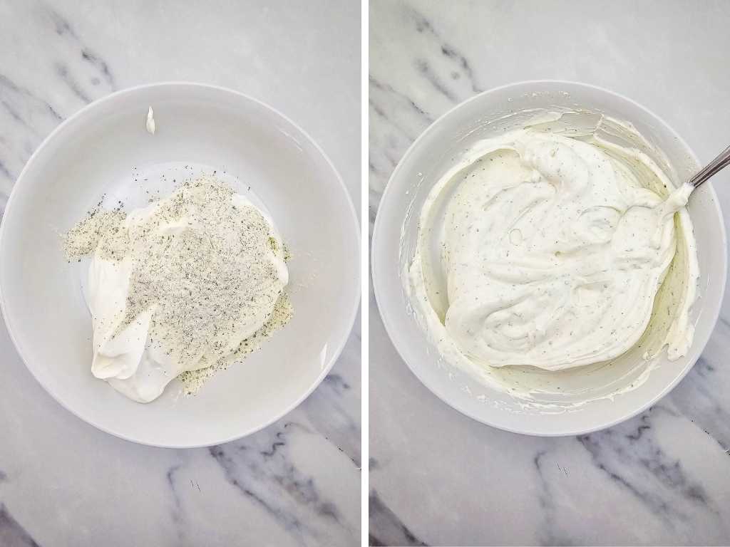 Sour cream and ranch seasoning in a mixing bowl.