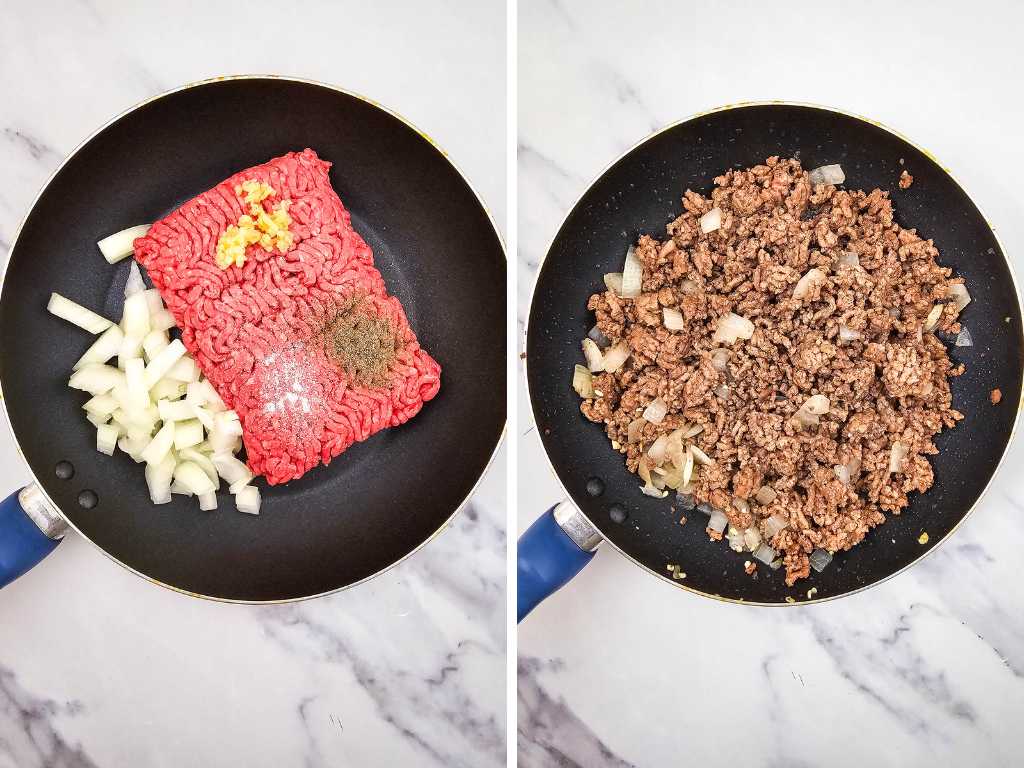 Ground beef, onion and seasoning in skillet.