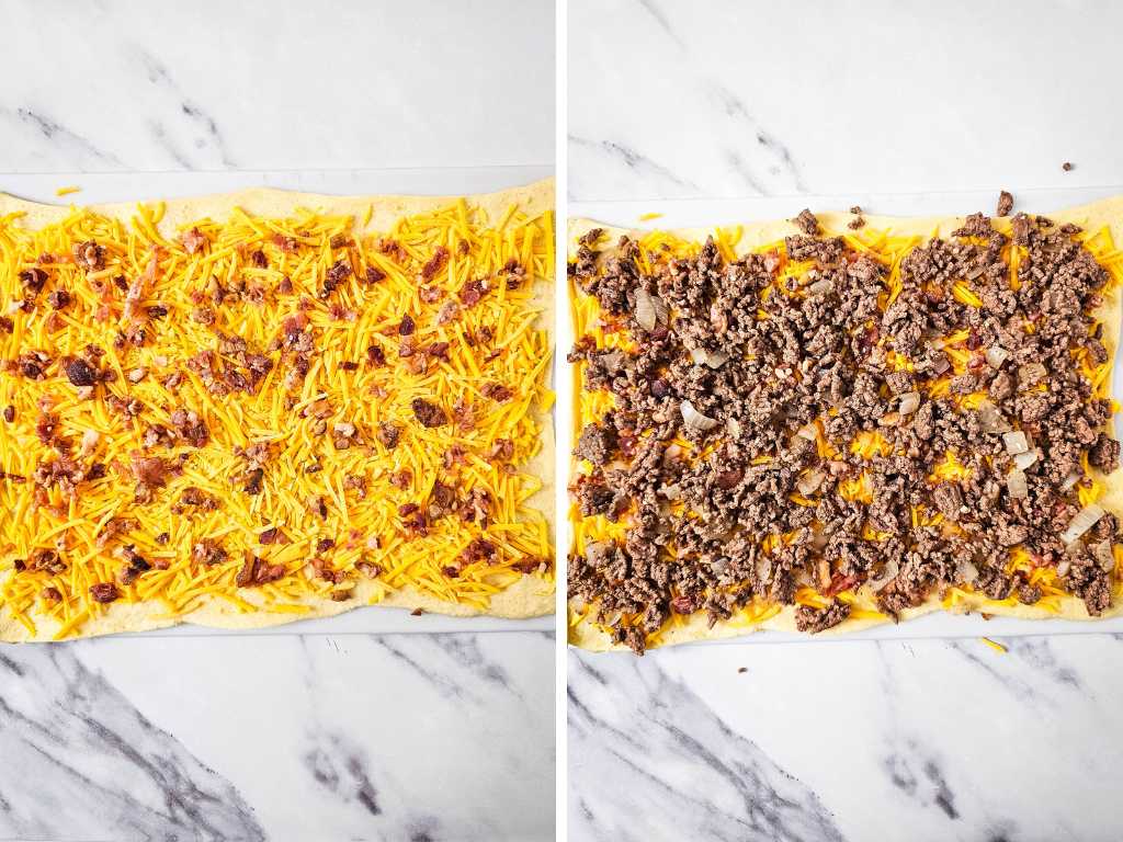 Bacon and ground beef spread over crescent dough.