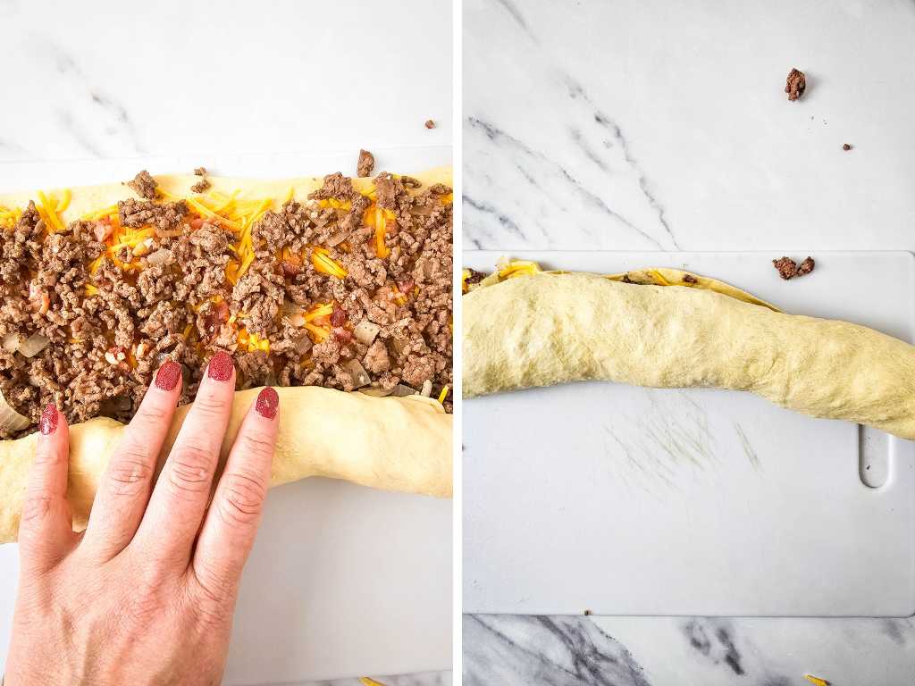 Someone rolling up a bacon cheeseburger pinwheel.