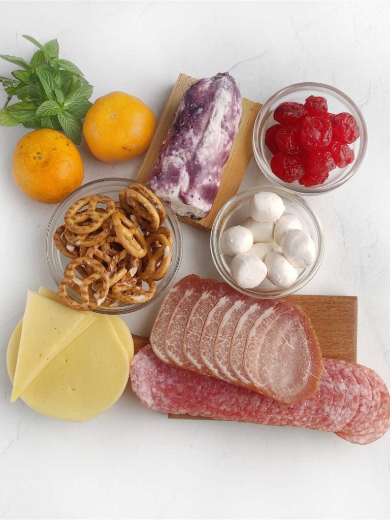 Easter egg shaped charcuterie board ingredients.