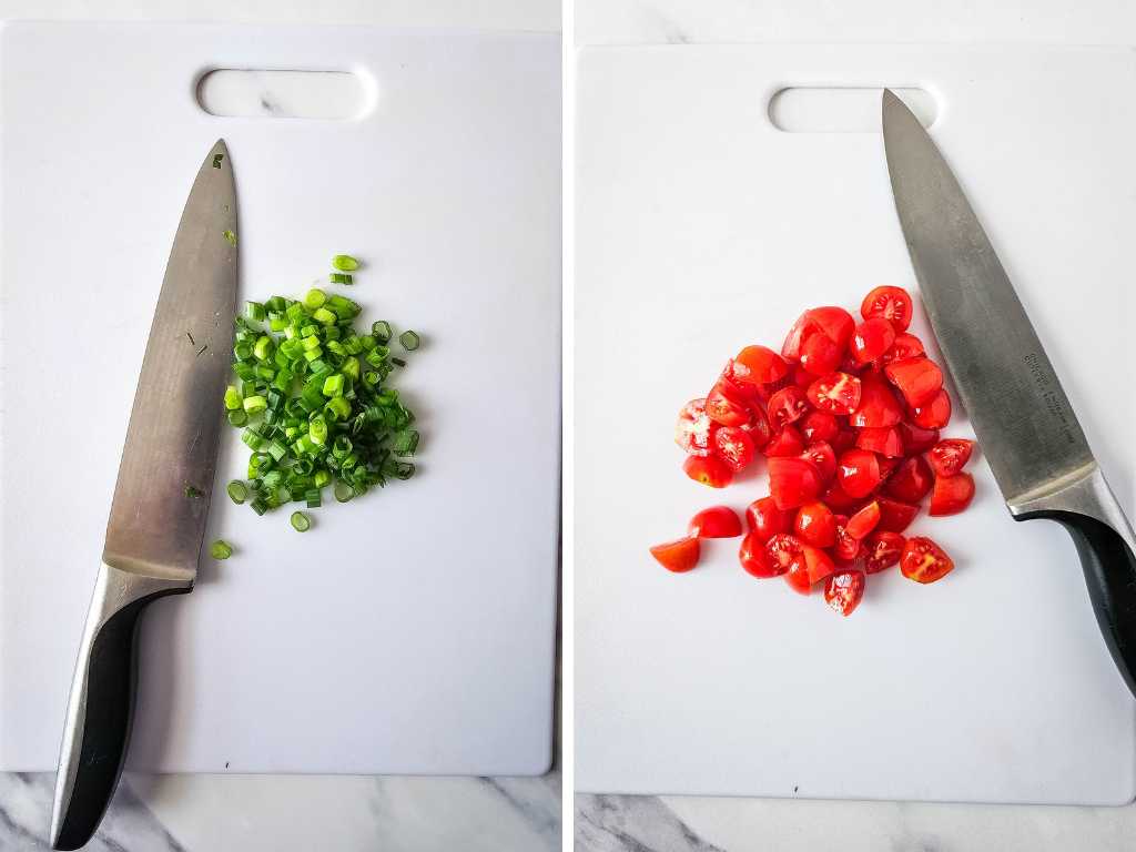 Chopped green onions and diced tomatoes on cutting boards.