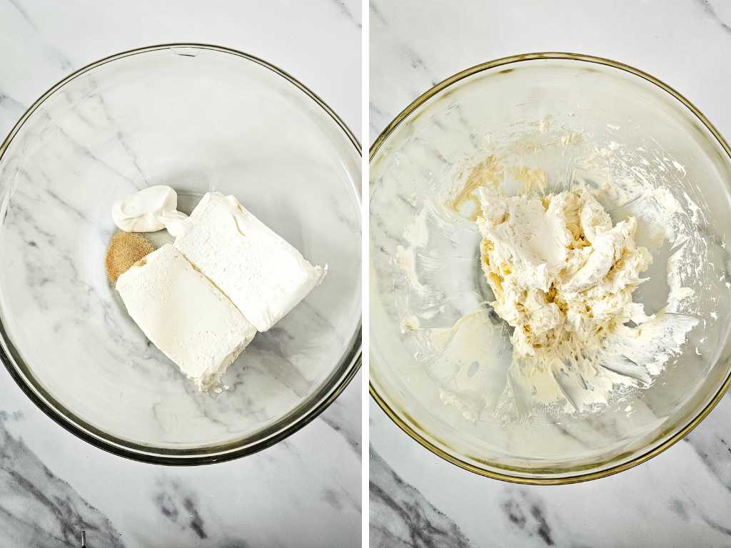 On the left, cream cheese, sour cream, and garlic powder in a mixing bowl. On the right the ingredients blended.