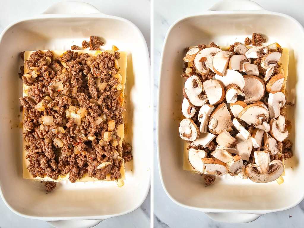 Ground beef mix and mushrooms spread over slider rolls in a casserole.