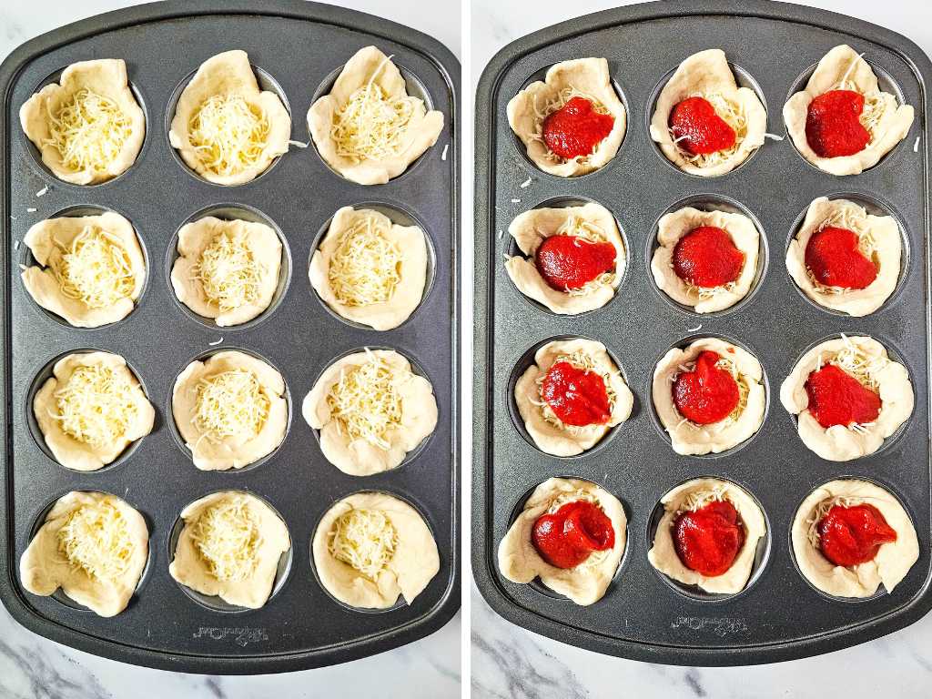 Pizza dough topped with cheese and pizza sauce in a 12-cavity muffin tin.