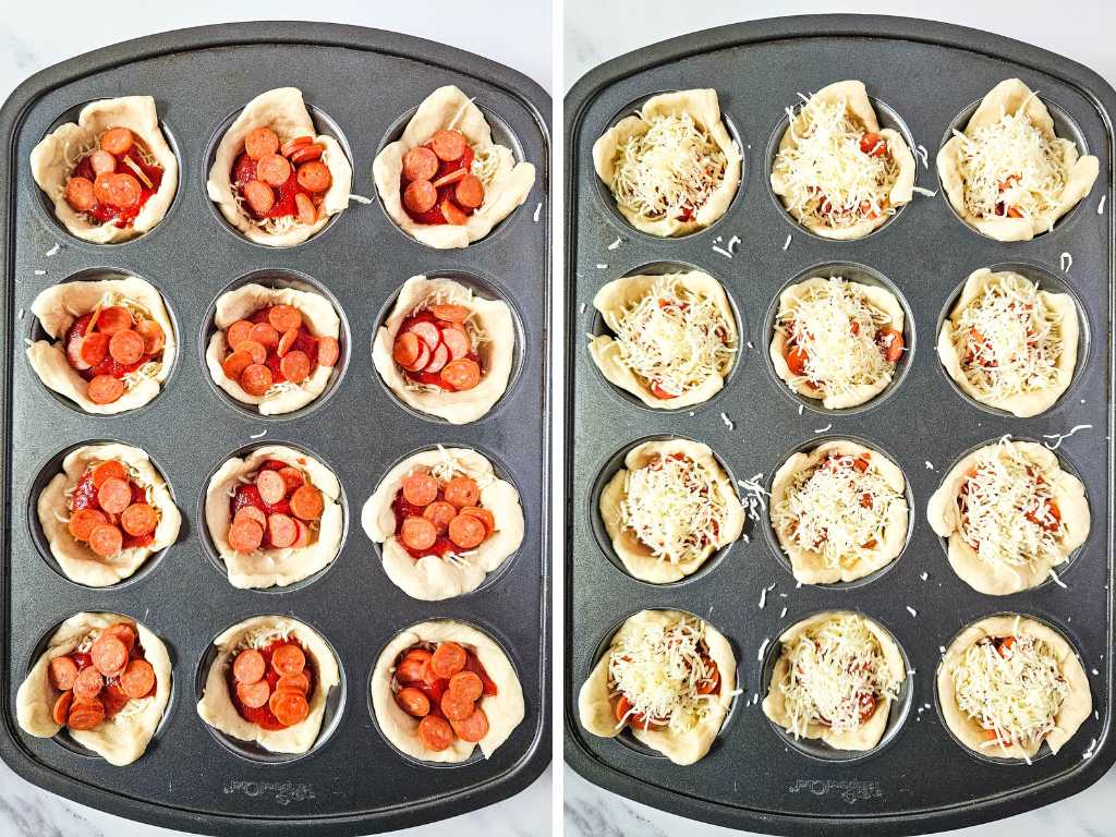 Pepperoni and cheese on dough in muffin tin.
