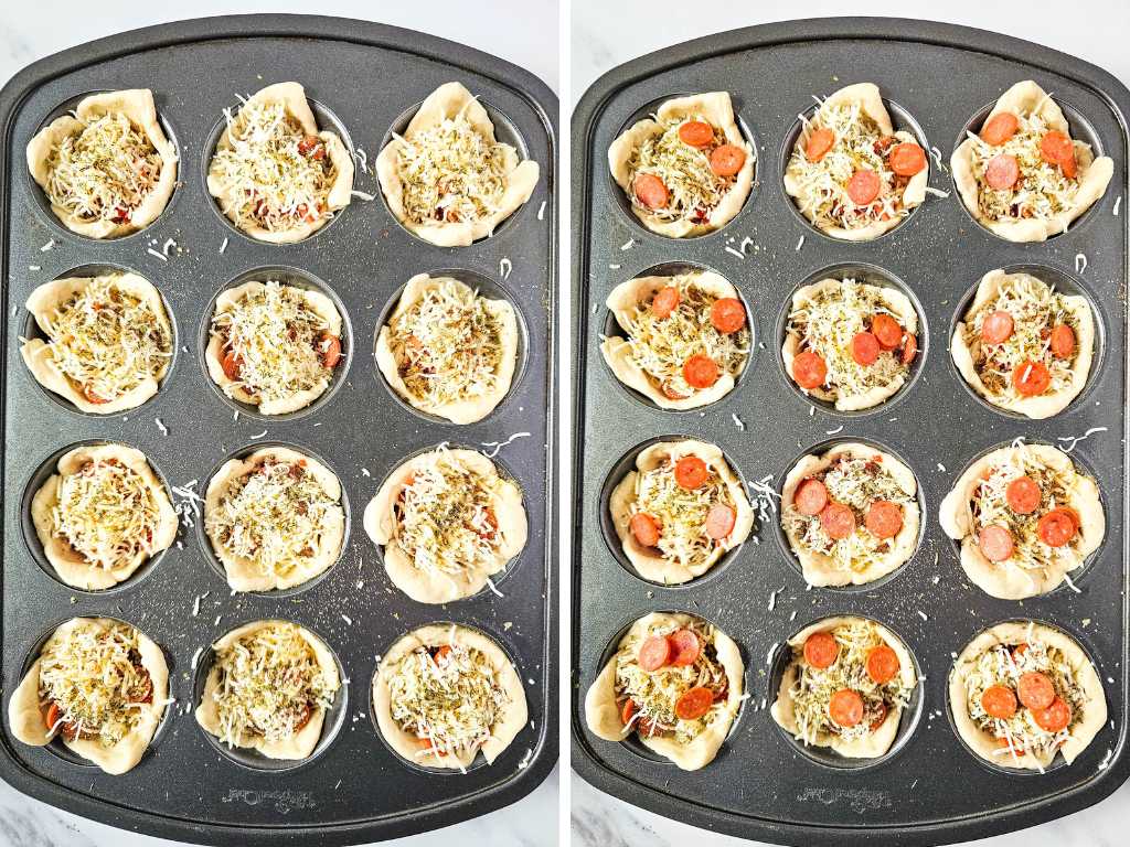 Seasoning and pepperoni on pizza dough in muffin tin.