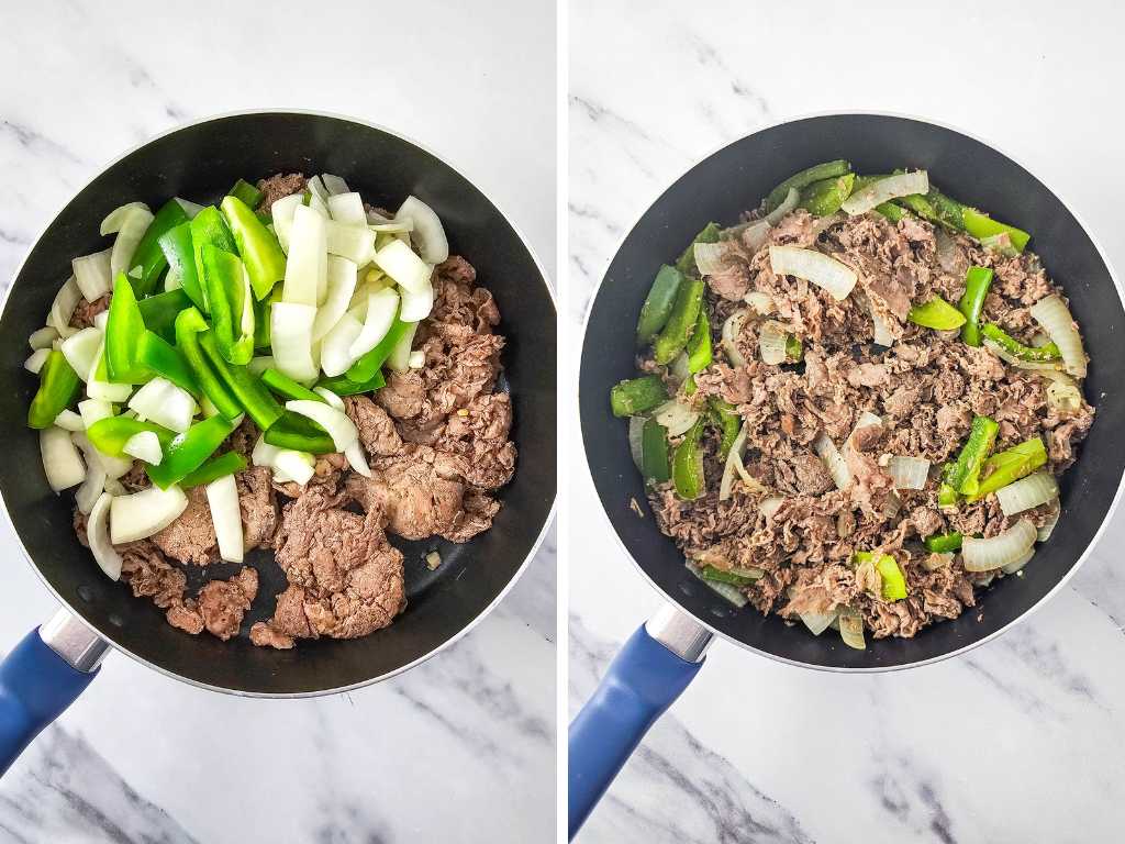 Shaved steak, onion and green pepper in a skillet.