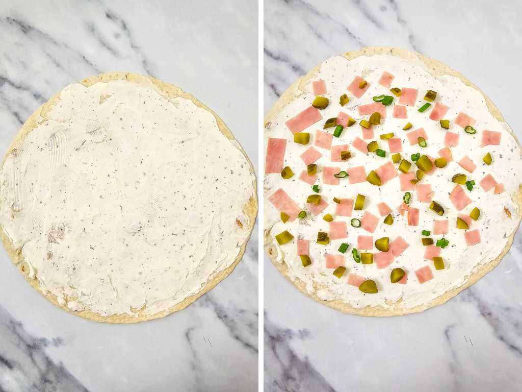 Cream cheese spread over tortilla, ham, dill pickles and green onions sprinkled over tortilla.
