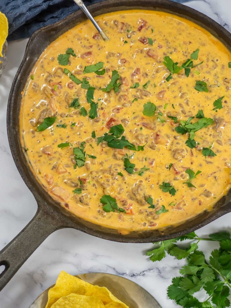 Velveeta Rotel dip in a skillet.