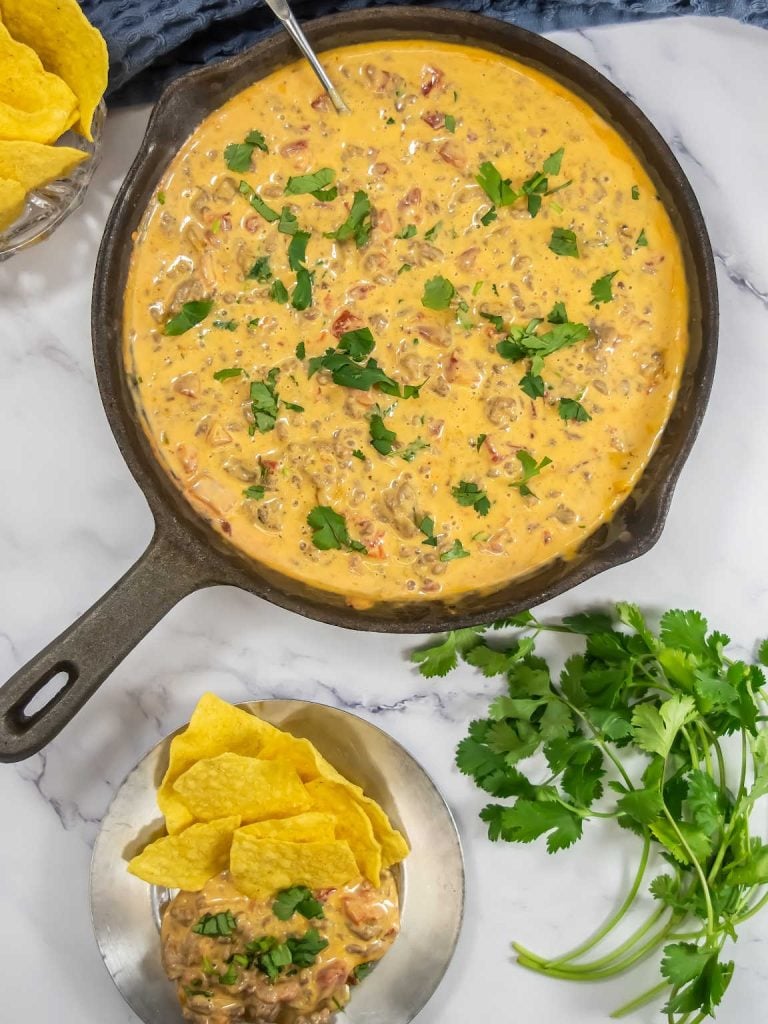 Velveeta Rotel dip in a skillet.