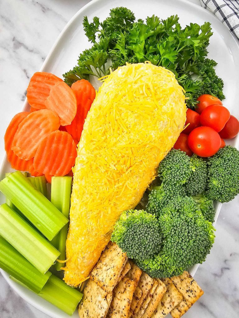 Easter carrot cheeseball and vegetables.