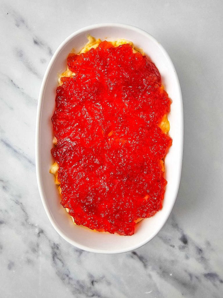 Pepper jelly cheese dip process 4.