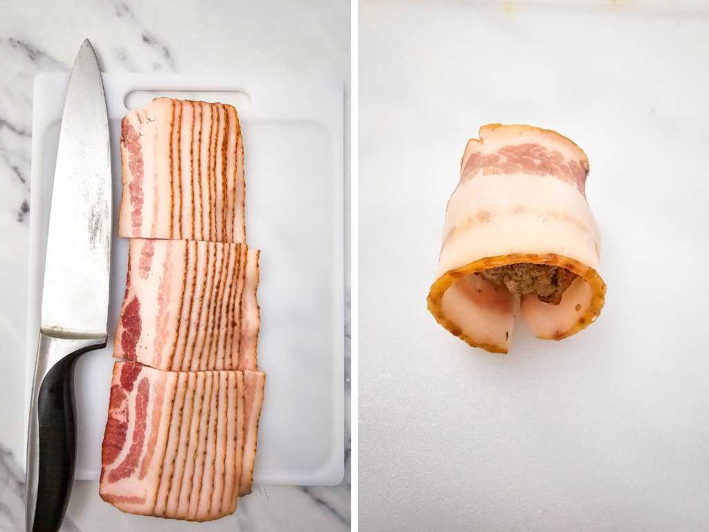 Slices of bacon, and meatball wrapped in bacon.