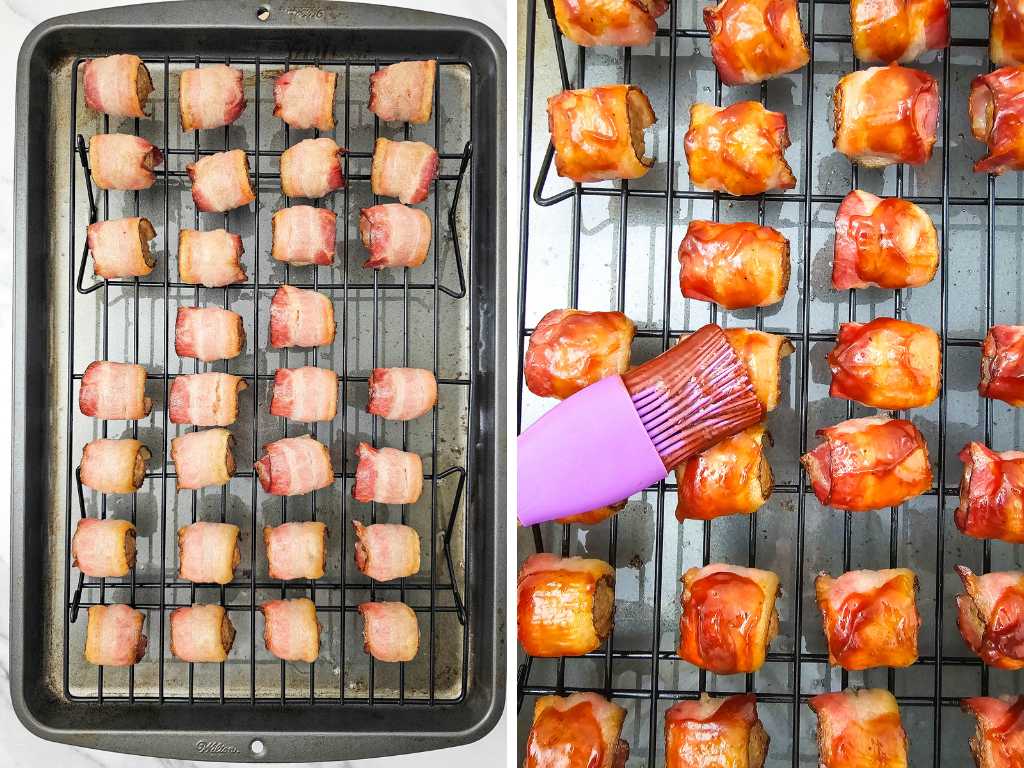 Someone brushing bbq sauce on bacon wrapped meatballs laid out on baking rack in a baking sheet.
