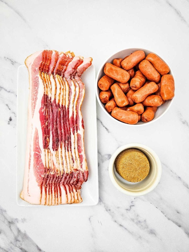 Lil Smokies, bacon and brown sugar on a countertop.