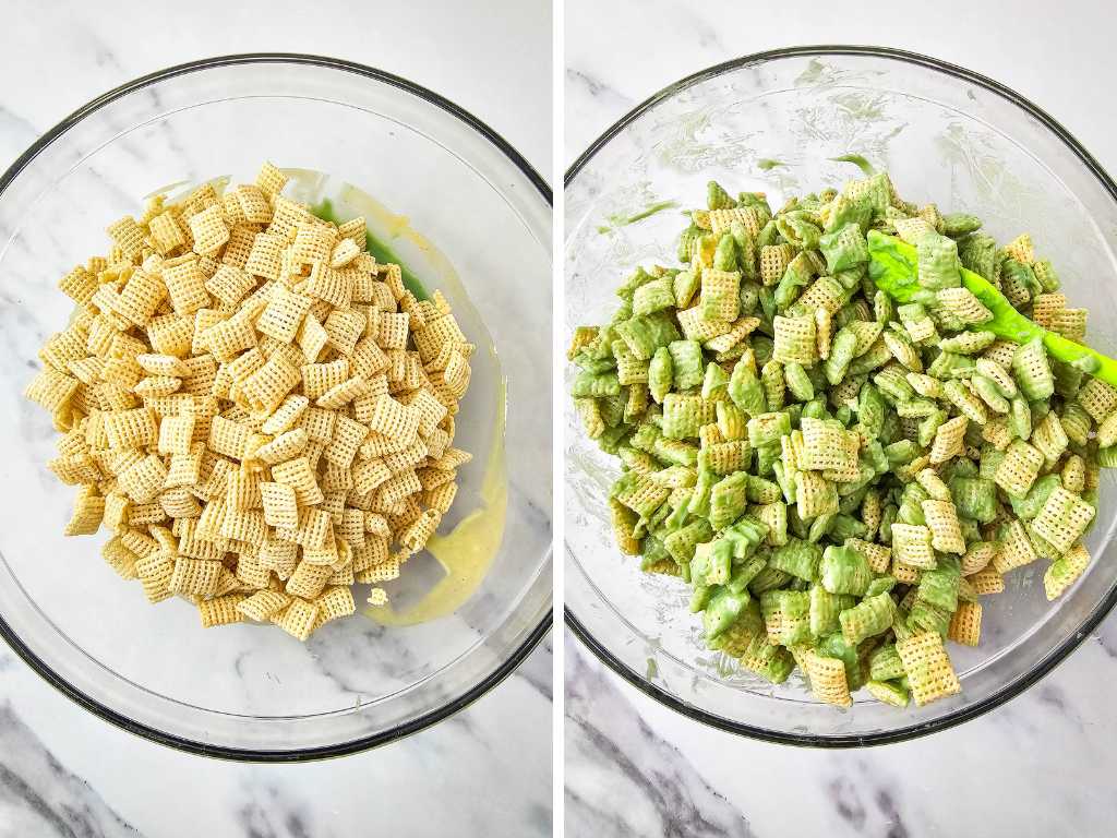 Rice Chex cereal and candy melt mixture in a mixing bowl.