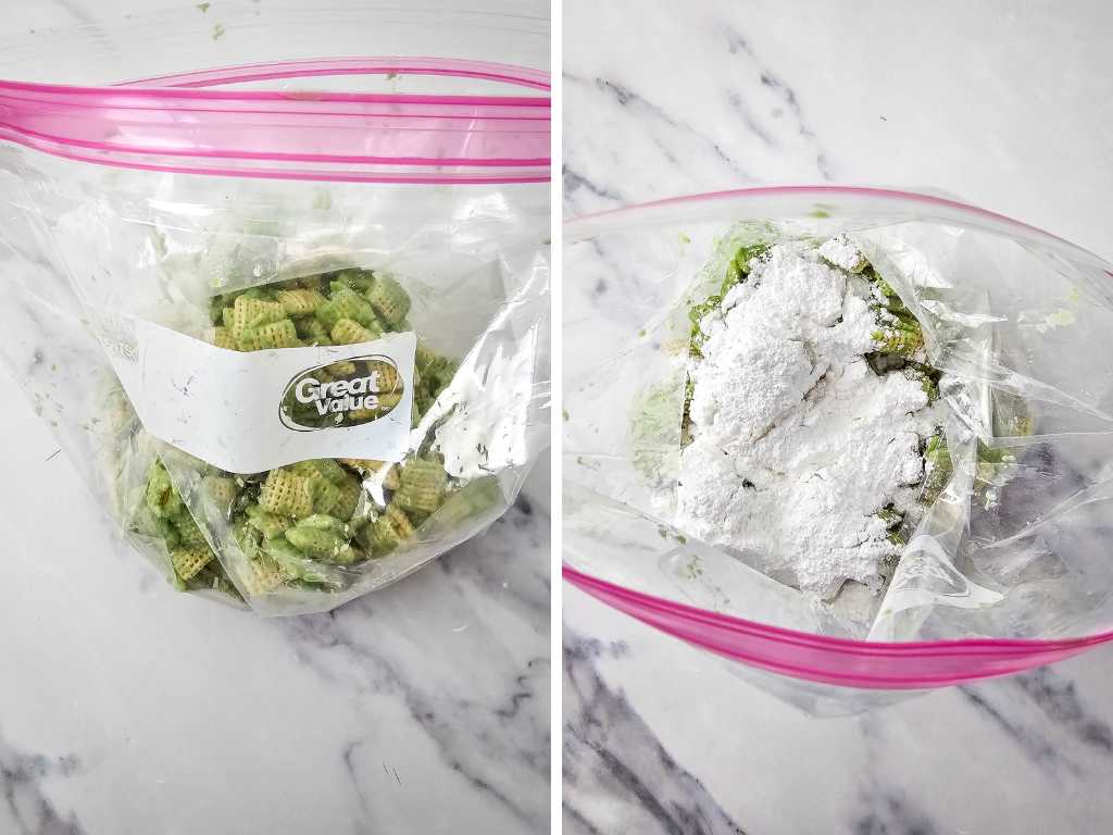 Rice Chex cereal and candy melt mixture topped with powdered sugar in a Ziploc bag.