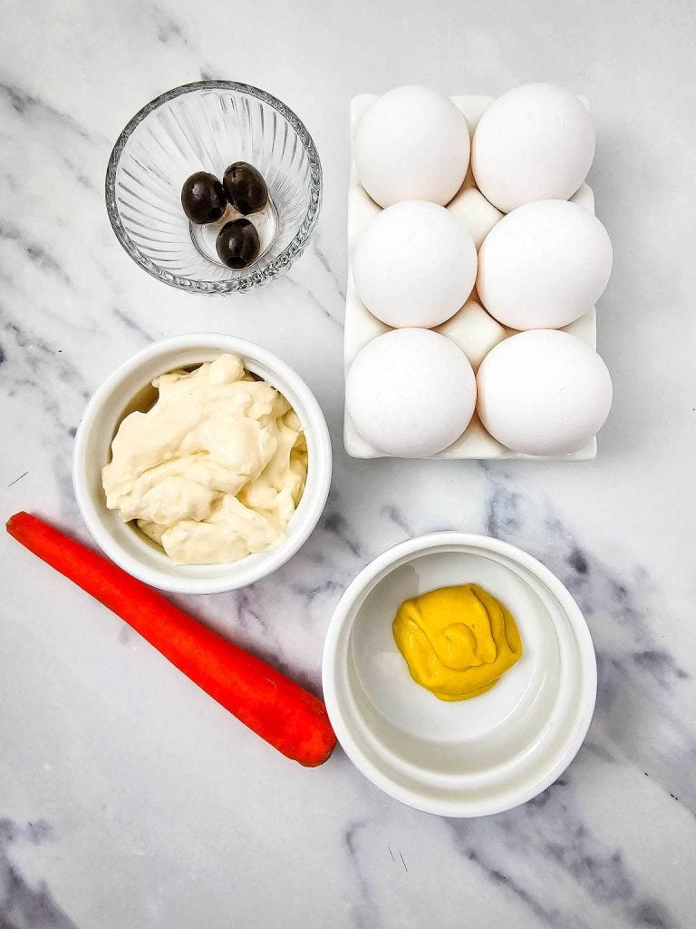 Easter chick deviled eggs ingredients.