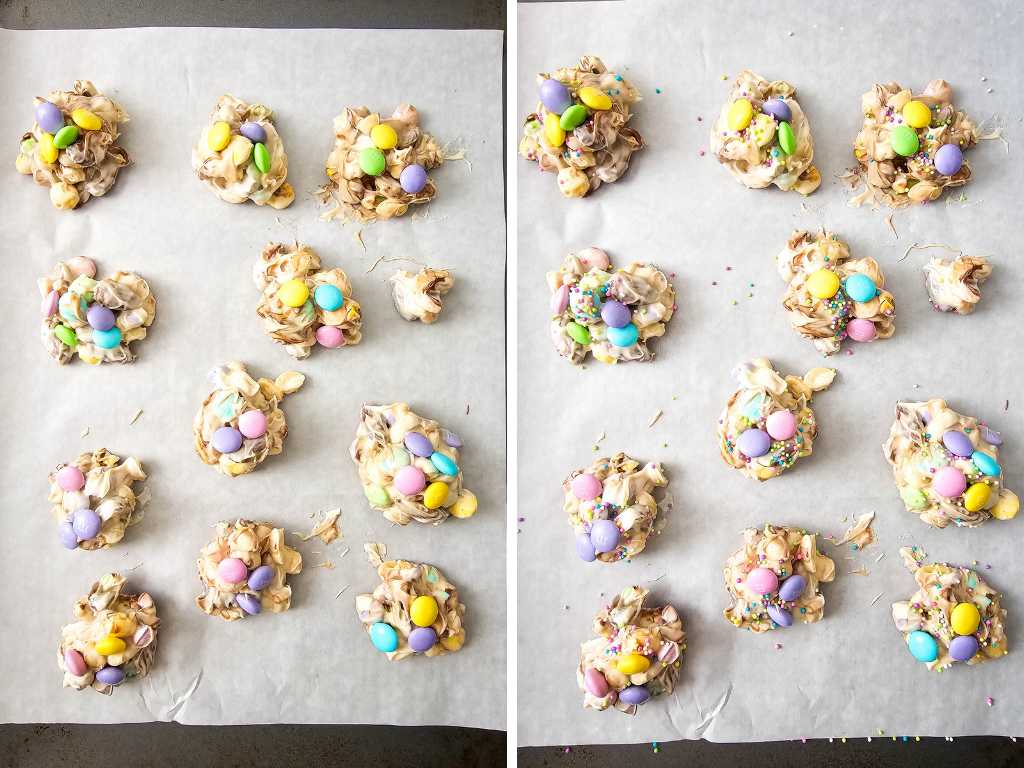 Easter crockpot candies on parchment papers over baking sheets.