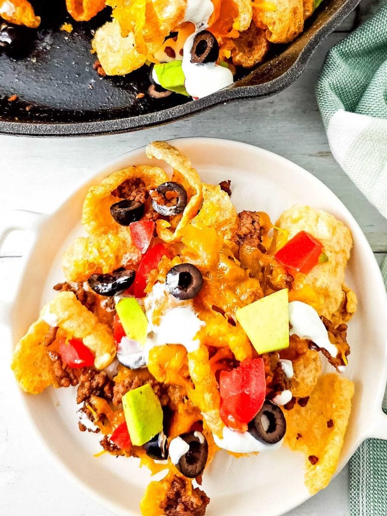 Iron skillet pork pork rind nachos