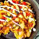 Iron skillet pork rind nachos