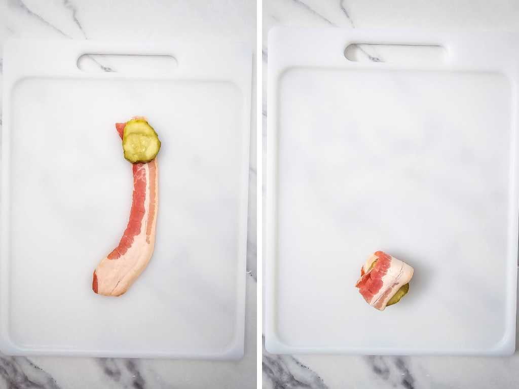 Air fryer bacon wrapped dilly bites process 3