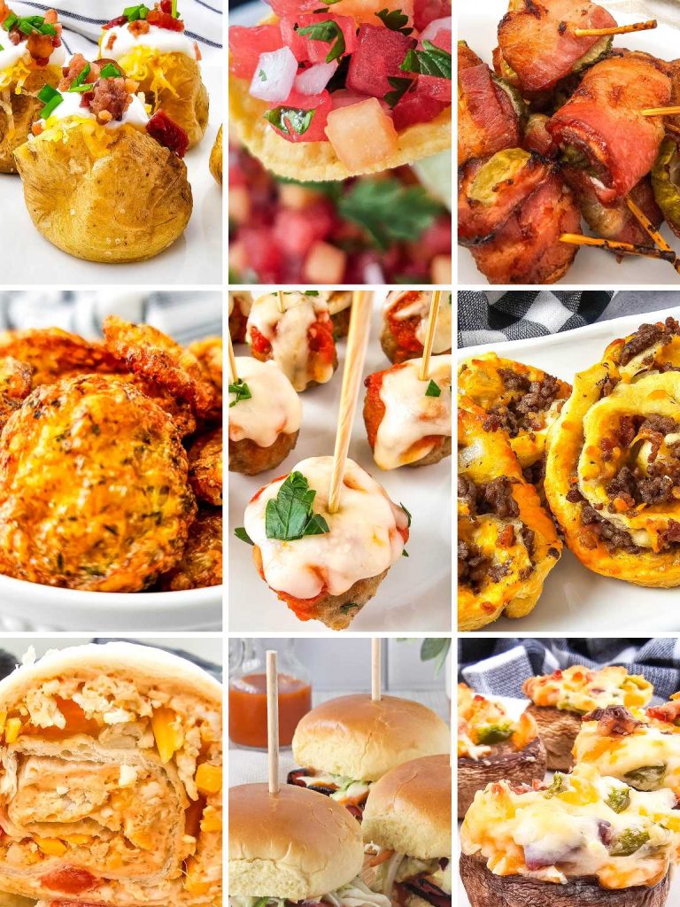 Collage of a variety of summer potluck appetizers