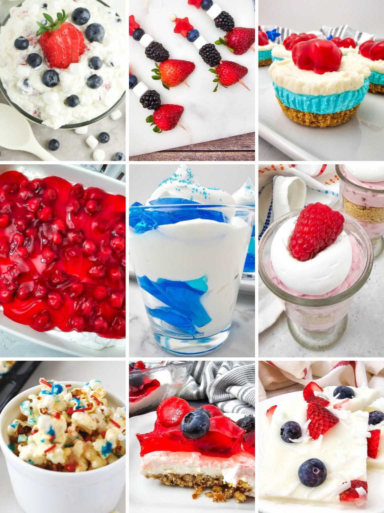 Collage of a variety of 4th of July desserts and treats.