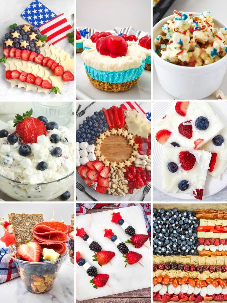 Collage of a variety of red, white and blue food ideas.
