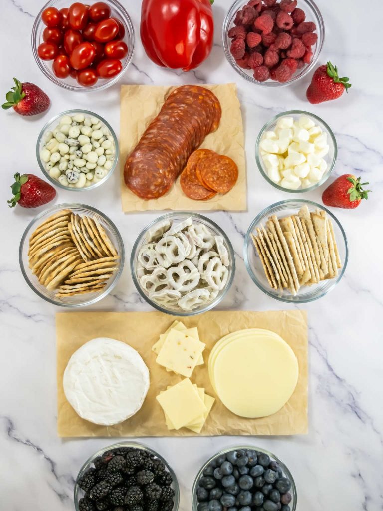 Red white and blue charcuterie board ingredients