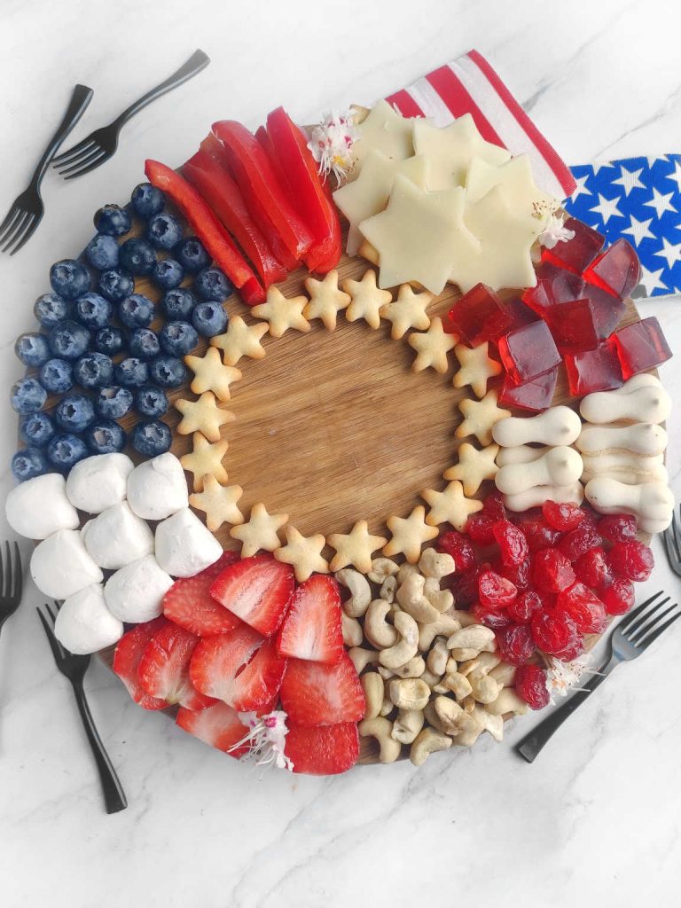 Red white and blue wreath charcuterie board