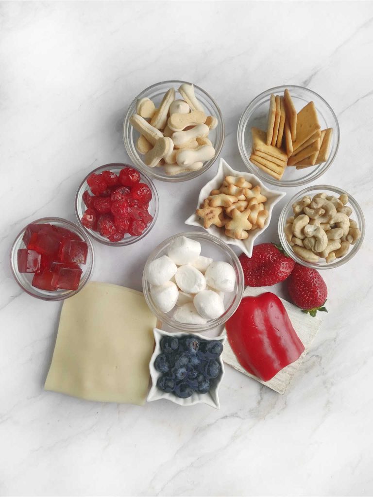 Red white and blue wreath charcuterie board ingredients