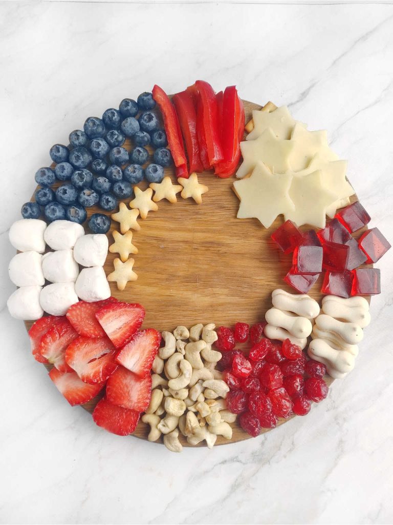 Red white and blue wreath charcuterie board process 4