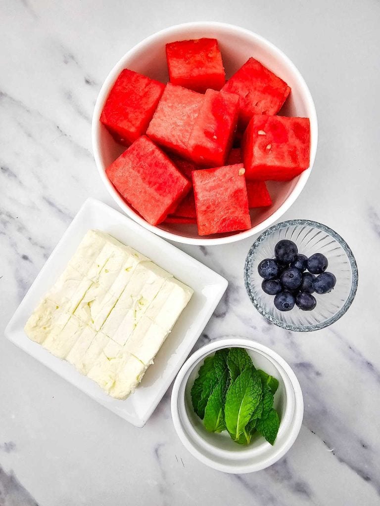 Watermelon blueberry feta skewers ingredients