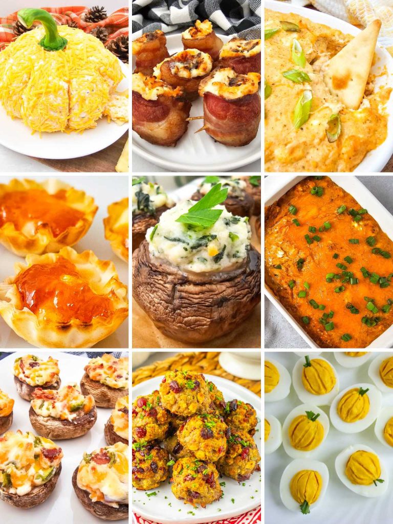 A collage featuring a variety of fall appetizers.