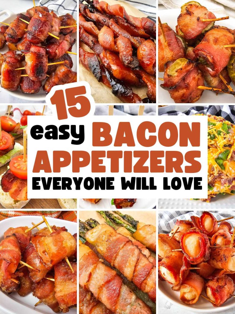 Collage of bacon appetizers.
