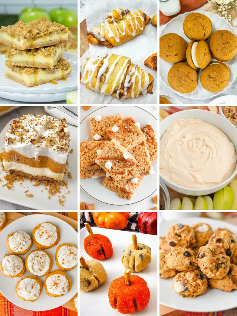 Collage of a variety of fall treats and desserts.