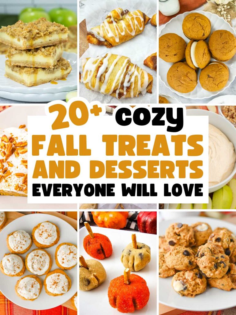 Collage of a variety of fall treats and desserts.