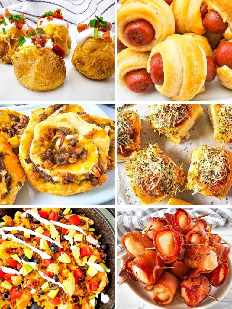 Collage of a variety of game day appetizers.
