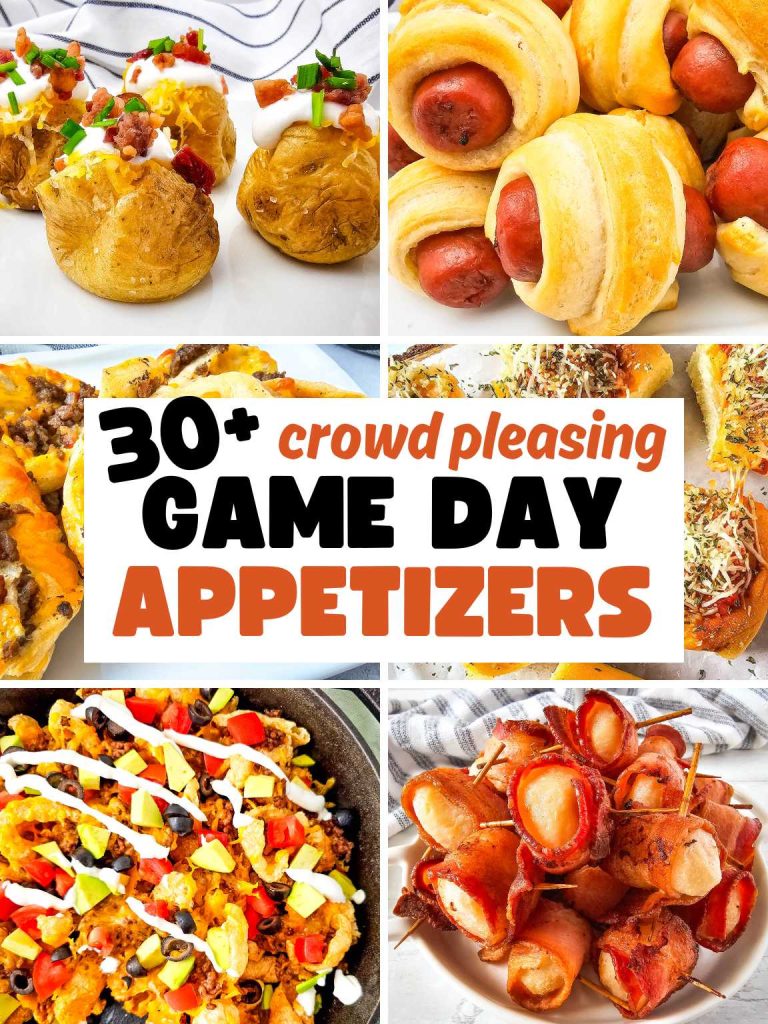 Collage of a variety of game day appetizers.