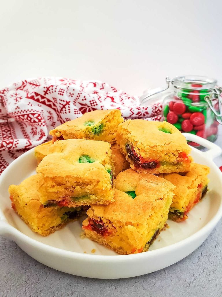 Holiday M&Ms cake mix cookie bars