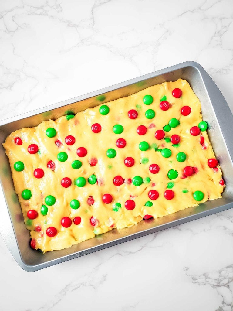 Holiday M&Ms cake mix cookie bars process 5
