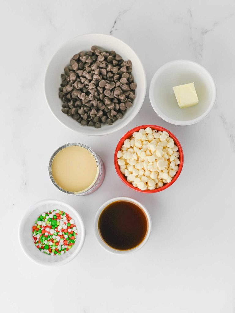 Layered Christmas fudge ingredients