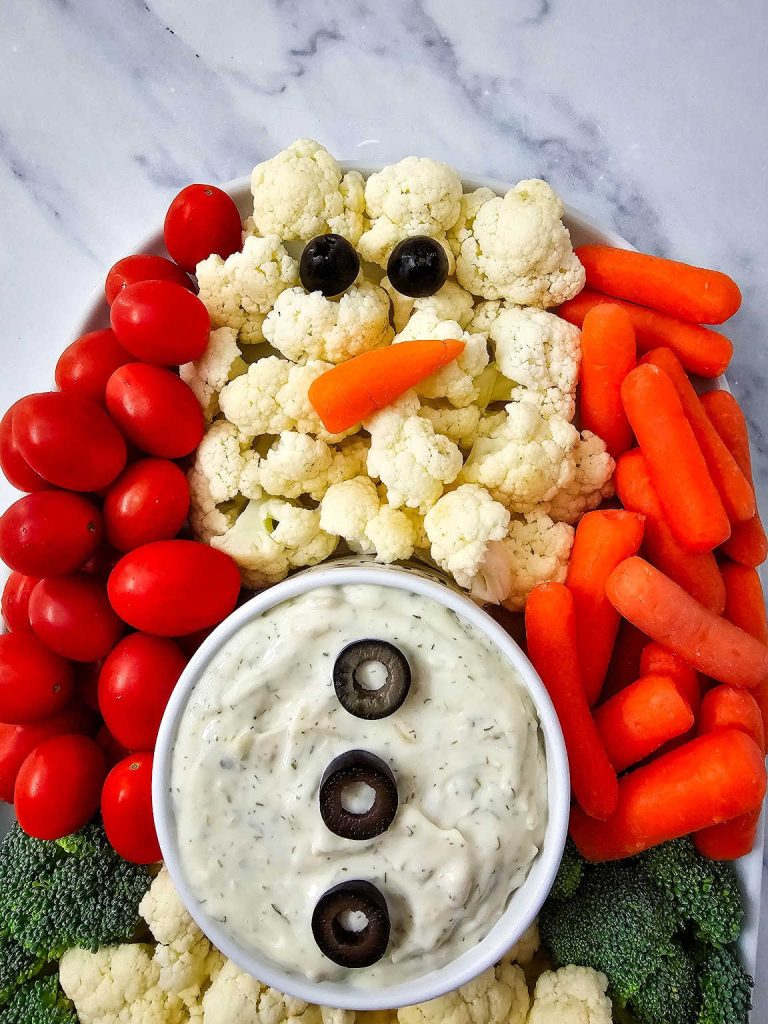Snowman veggie platter process 8