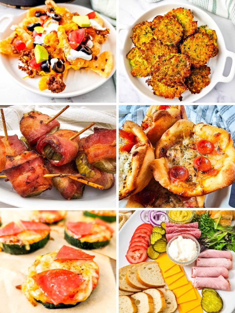 Collage of a variety of party snacks for a crowd.