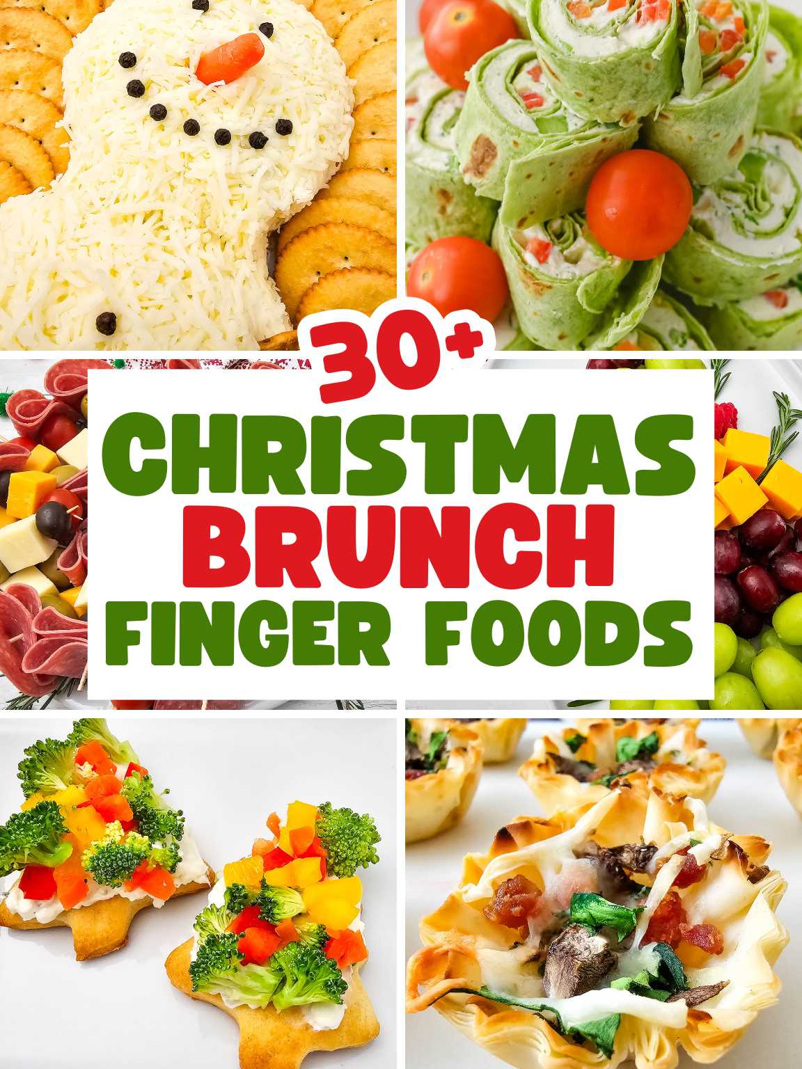Collage of a variety of Christmas brunch finger foods.