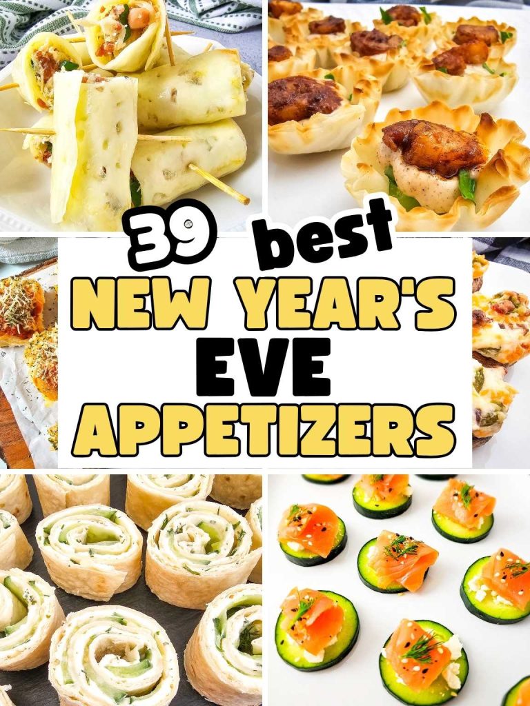 Collage of a variety of New Year's eve appetizers.
