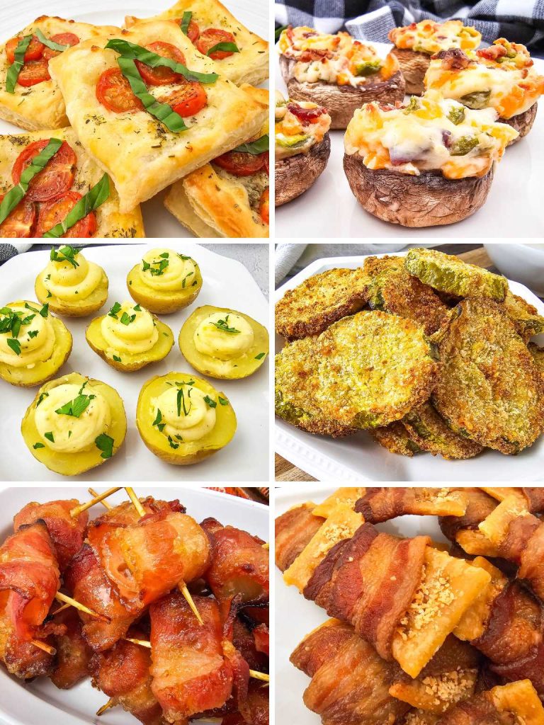 Collage of a variety of potluck appetizers.
